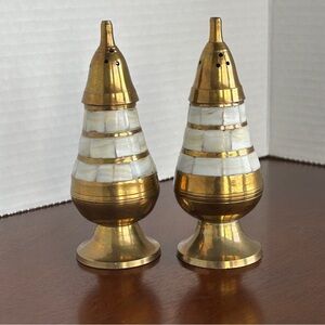 Vintage Brass and Mother of Pearl Salt and Pepper Shakers with liners